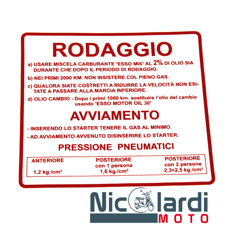 Targhetta rossa rodaggio Vespa 50 - 90 - 125cc